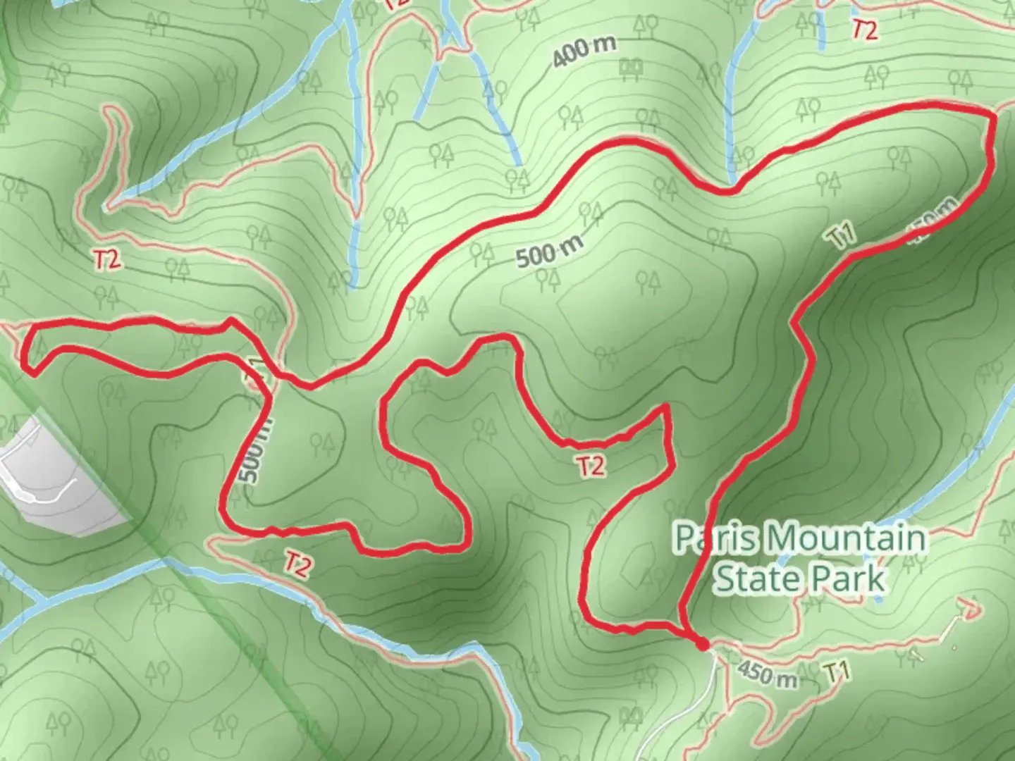 An image depicting the trail Sulphur Springs Trail - Kanuga Trail - Brissy Ridge Trail Loop and its surrounding area.