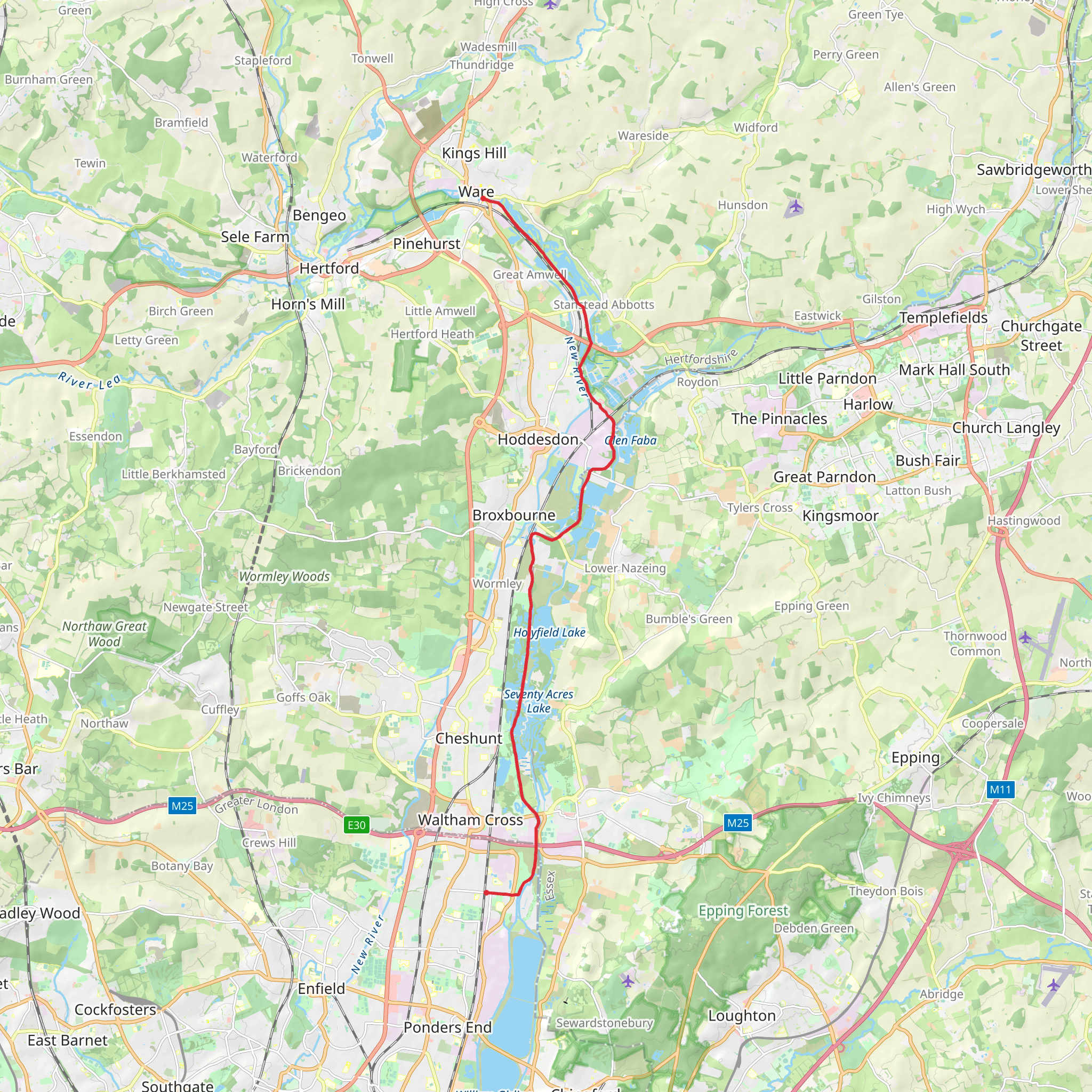 Lea Valley from Ware to Enfield Lock mobile static map