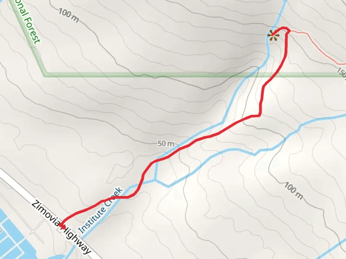 An image depicting the trail Rainbow Falls and Institute Creek Trail and its surrounding area.