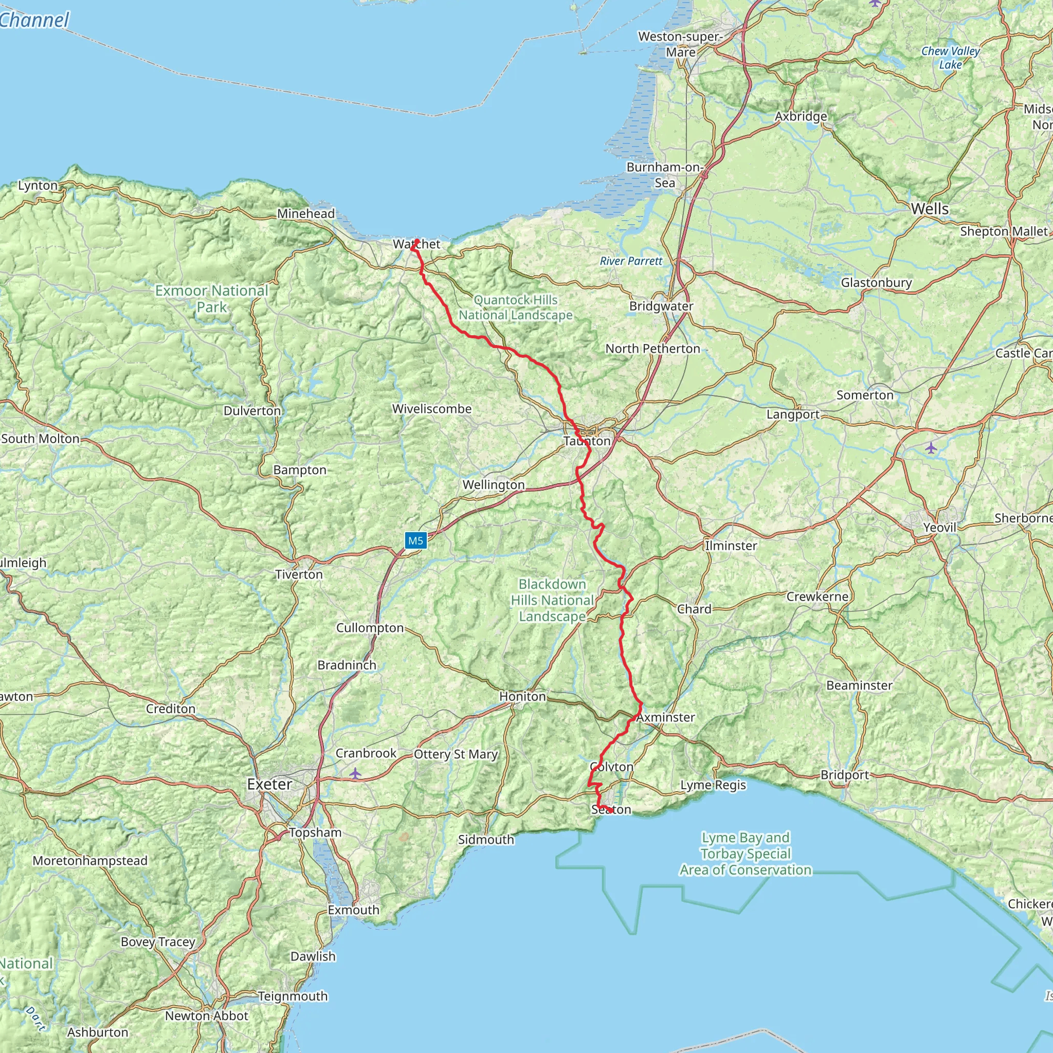 Seaton to Watchet via East Deane Way mobile static map