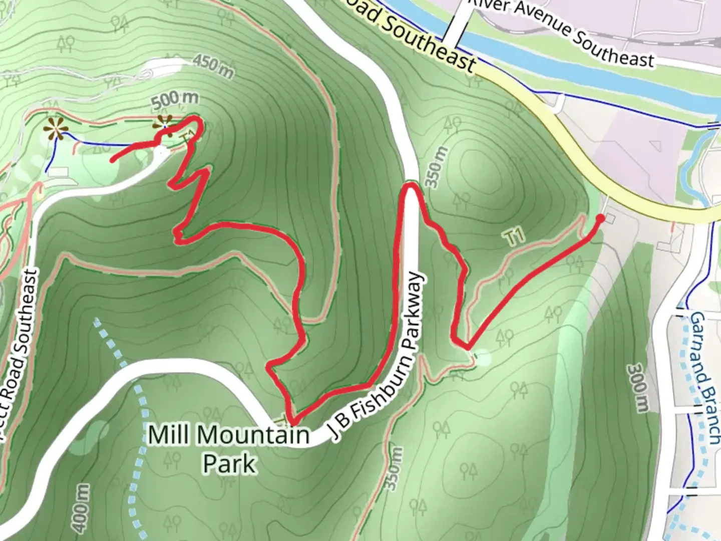 An image depicting the trail Mill Mountain via Wood Thrush Trail and its surrounding area.