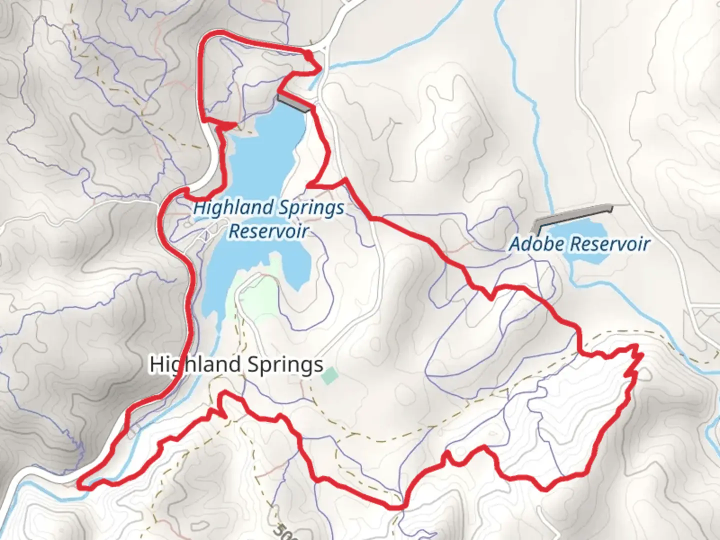 An image depicting the trail Highland Springs Reservoir, Lake and Puppydog Loop Trail and its surrounding area.