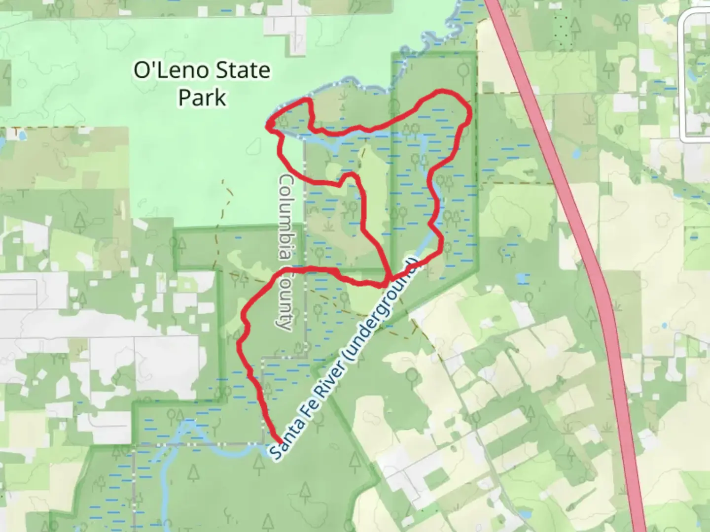 An image depicting the trail River Sink and Santa Fe River Loop and its surrounding area.
