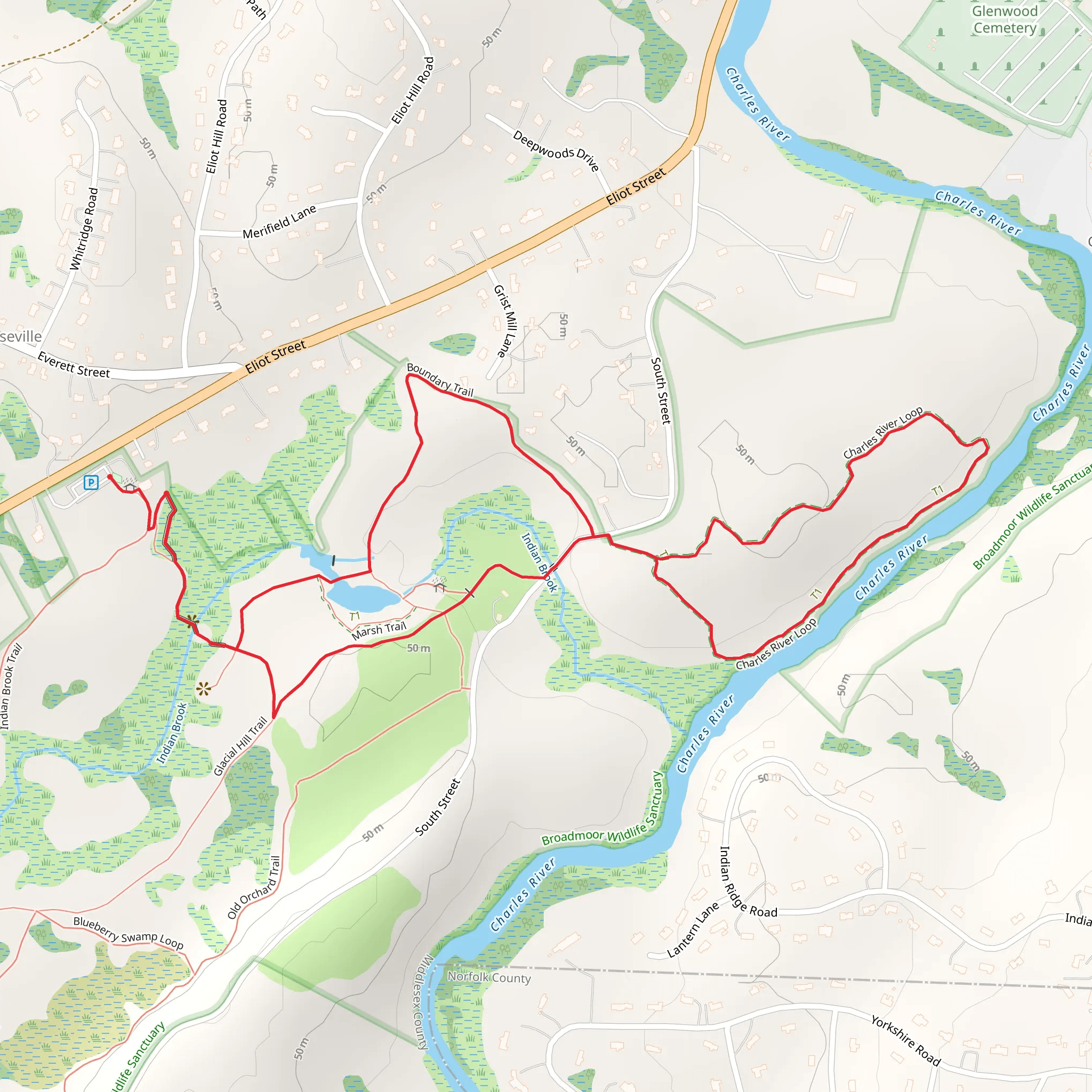 Charles River and Indian Brook Loop Trail Loop mobile static map