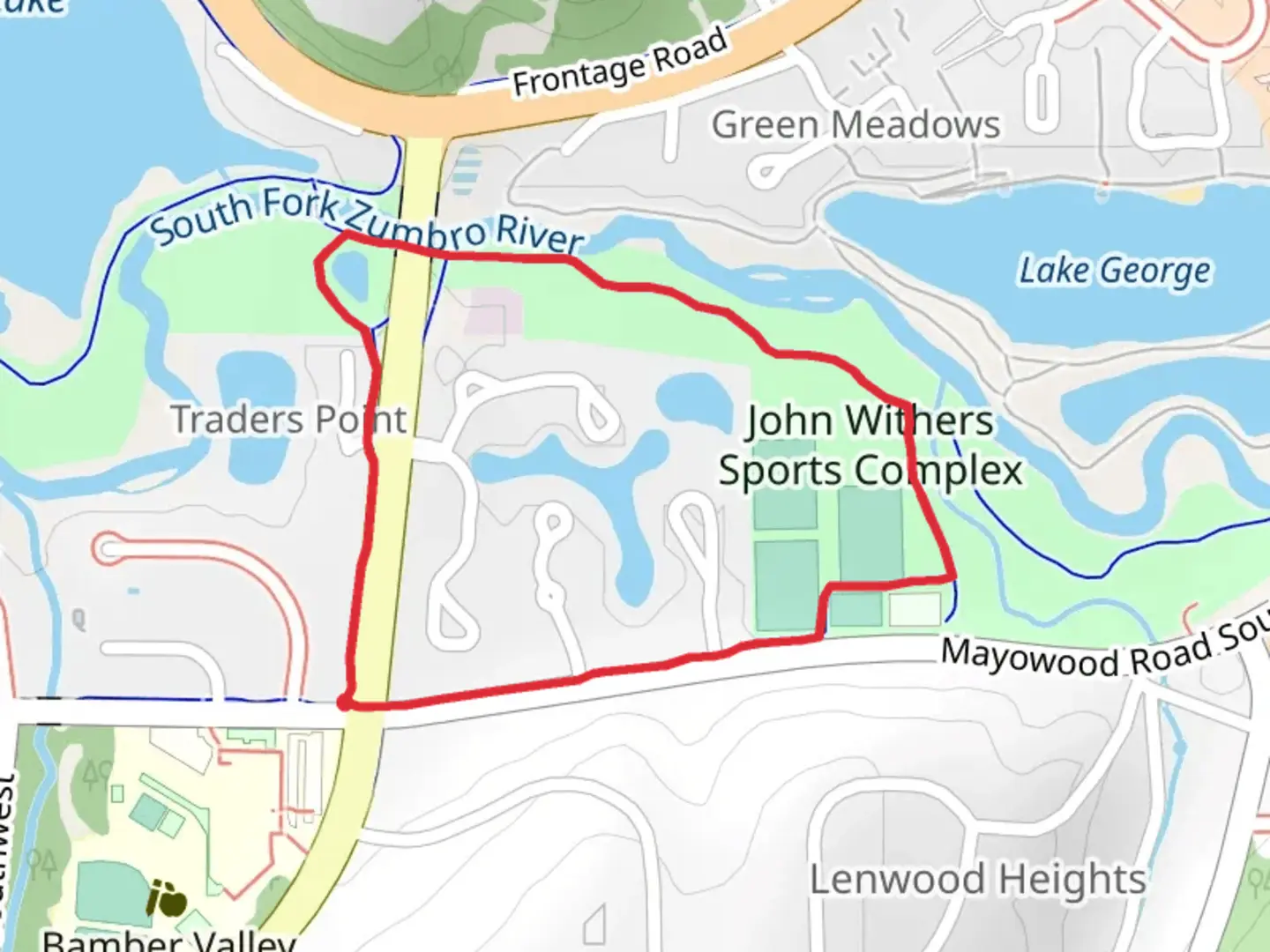 An image depicting the trail John Withers Sports Complex via Zumbro River South Loop and its surrounding area.