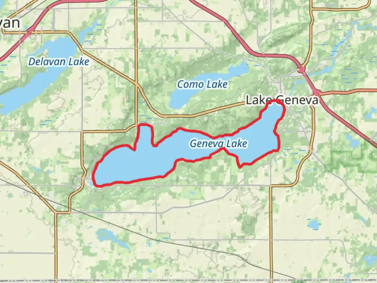 An image depicting the trail Lake Geneva Shore Path Loop and its surrounding area.