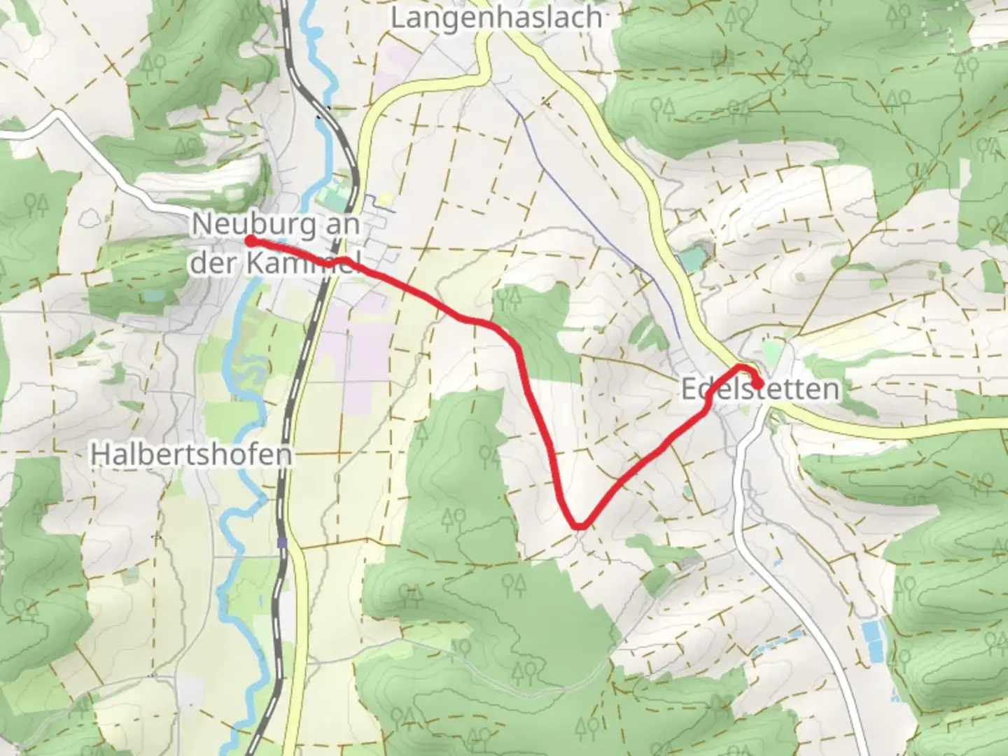 An image depicting the trail Edelstetten to Neuburg Walk and its surrounding area.