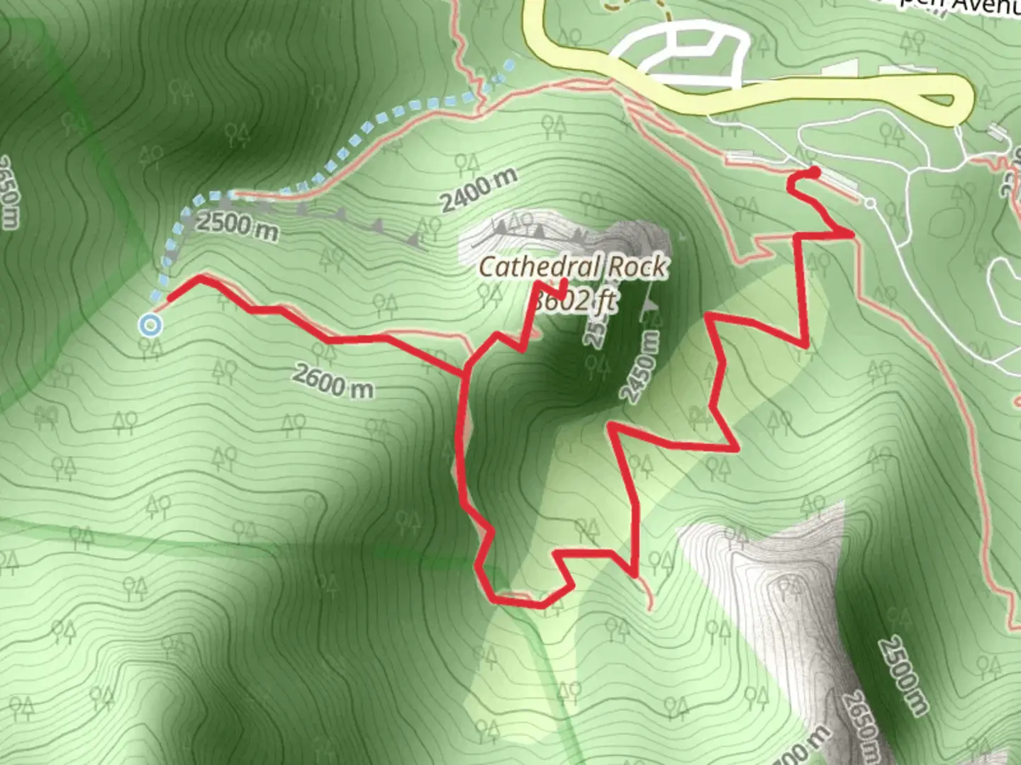 An image depicting the trail Cathedral Rock and Little Falls and its surrounding area.
