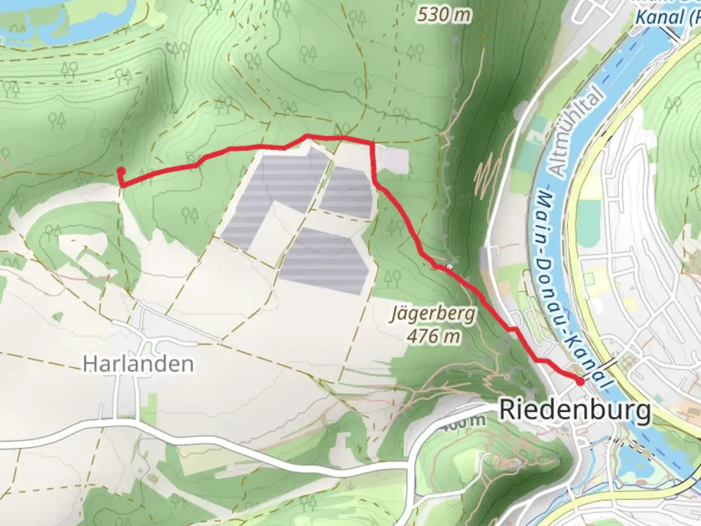 An image depicting the trail Drei Burgen Steig and Rundweg Riedenburg from Altmuehl and its surrounding area.