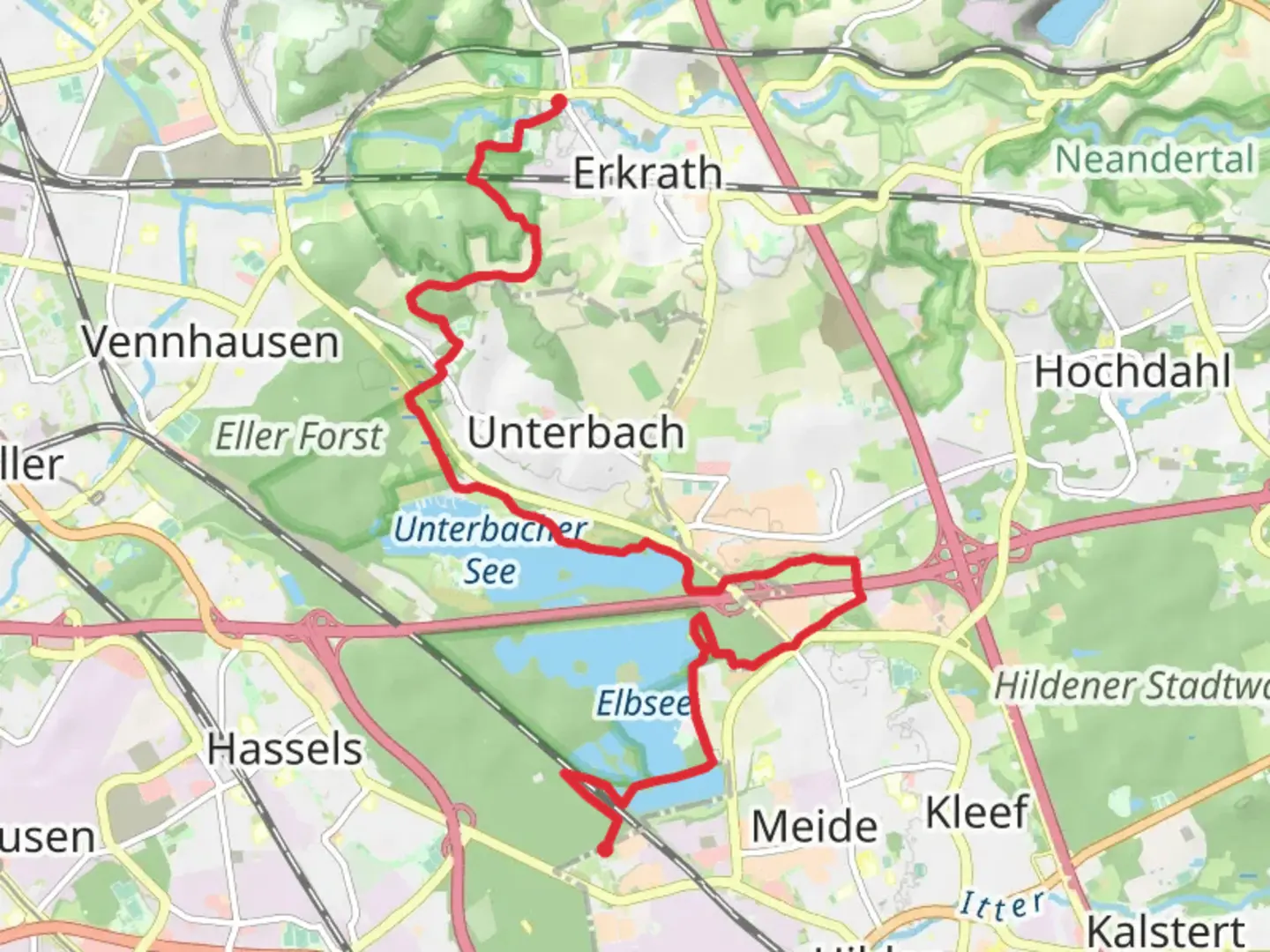 An image depicting the trail Erkrath to Elbsee Walk and its surrounding area.