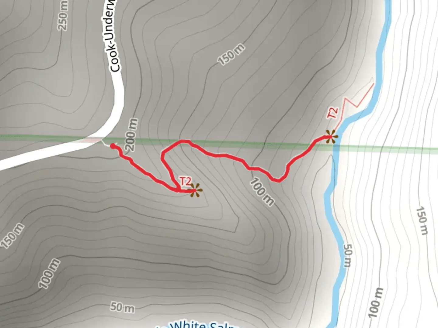An image depicting the trail Spirit Falls and its surrounding area.