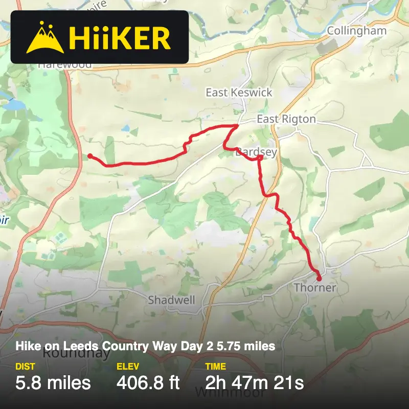 A map preview of the recording Hike on Leeds Country Way Day 2 5.75 miles.