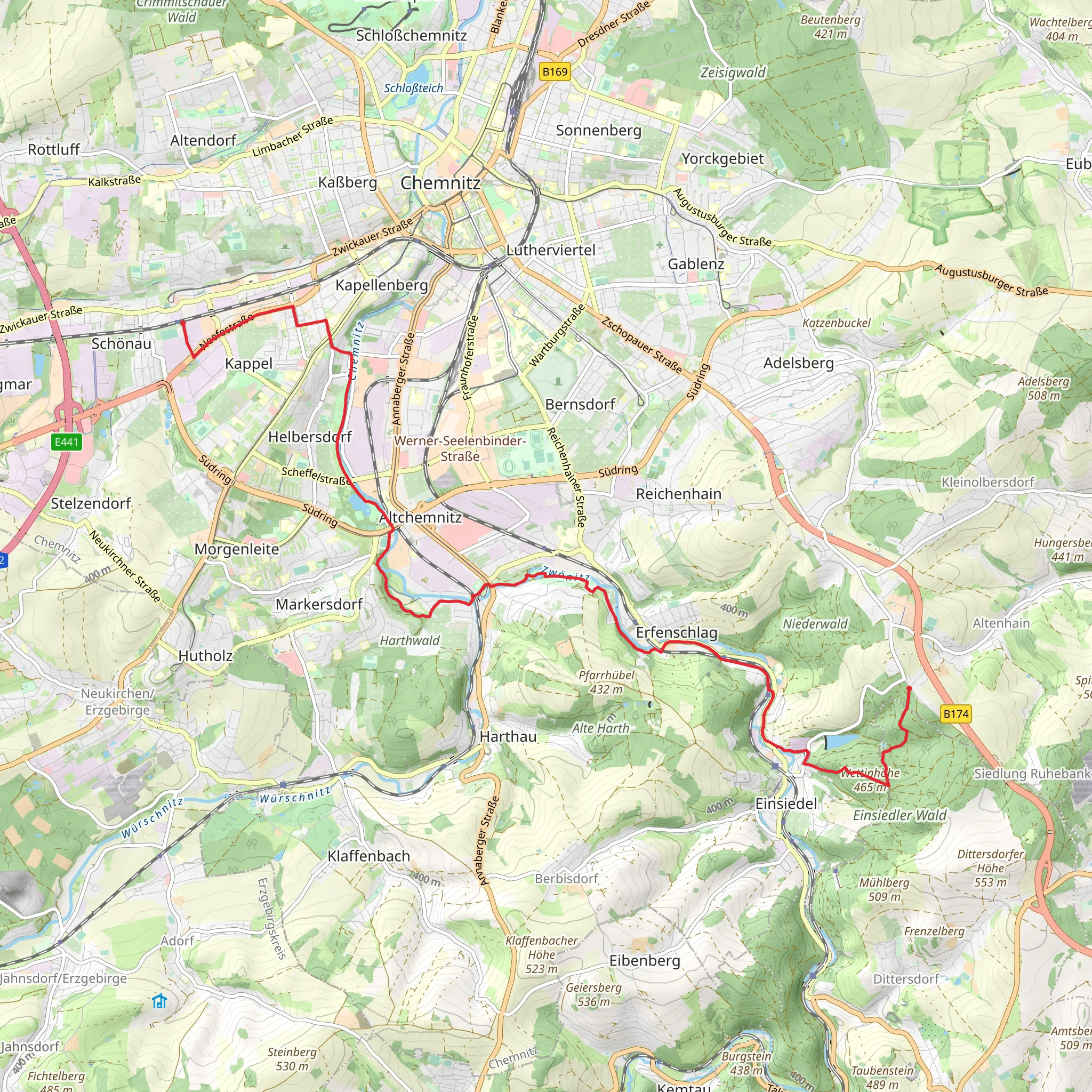 Chemnitz Schonau to Einsiedel Walk via Einsiedel Wald mobile static map