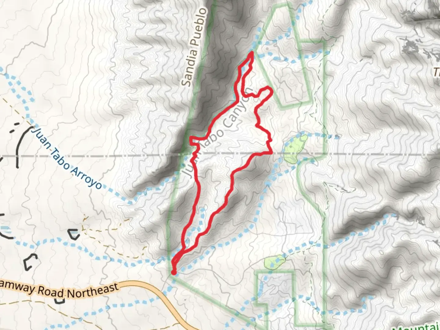 An image depicting the trail Juan Tabo Cabin Trail, Pinon Trail and Jaral Loop Trail and its surrounding area.