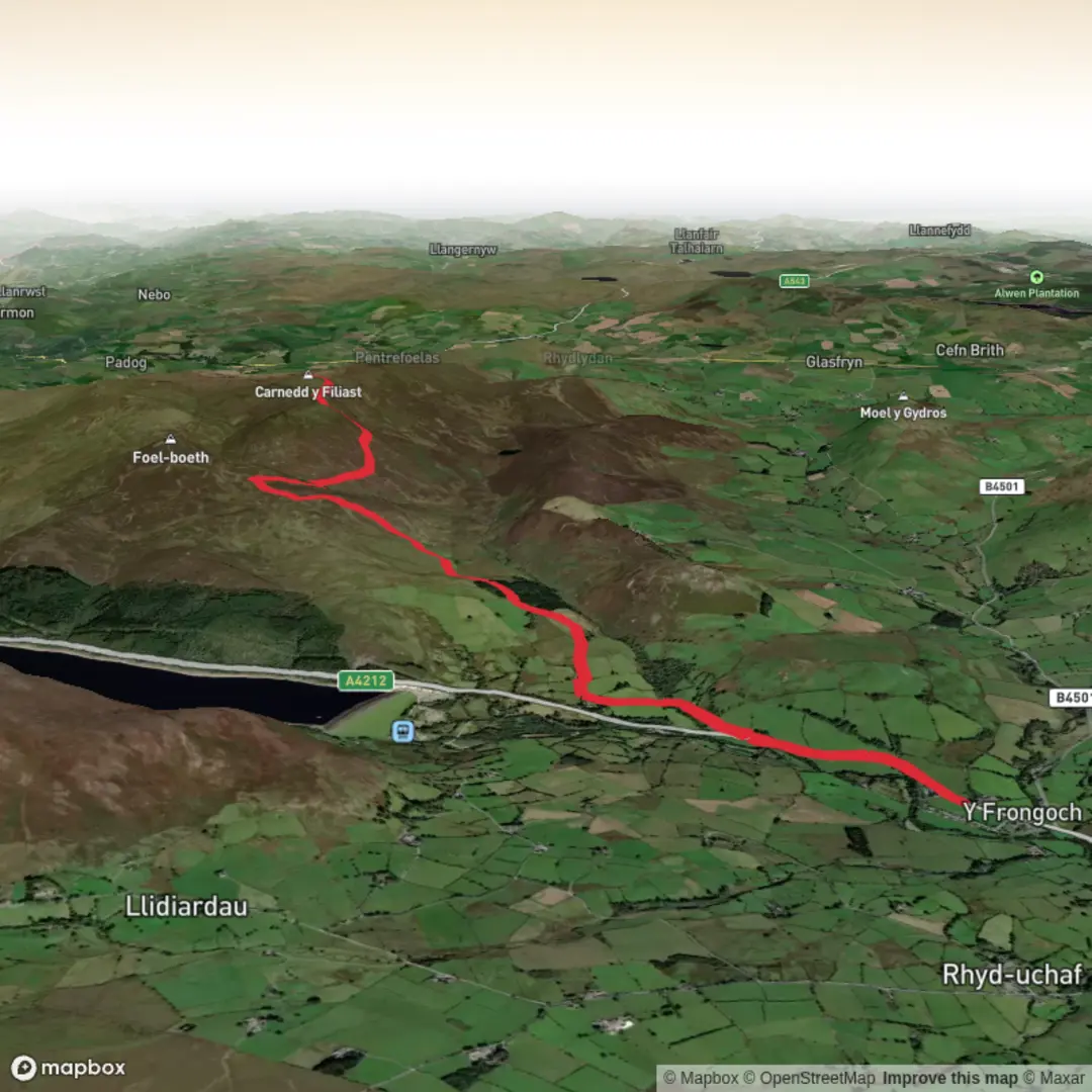 An image depicting the trail Carnedd y Filiast from Frongoch and its surrounding area.