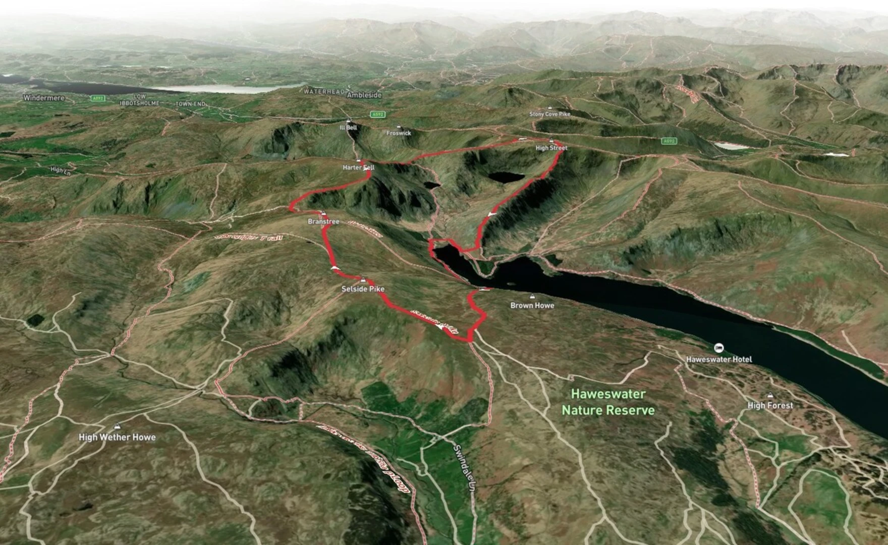 An image depicting the trail Selside Pike, Branstree, Mardale Ill Bell and High Street Loop and its surrounding area.