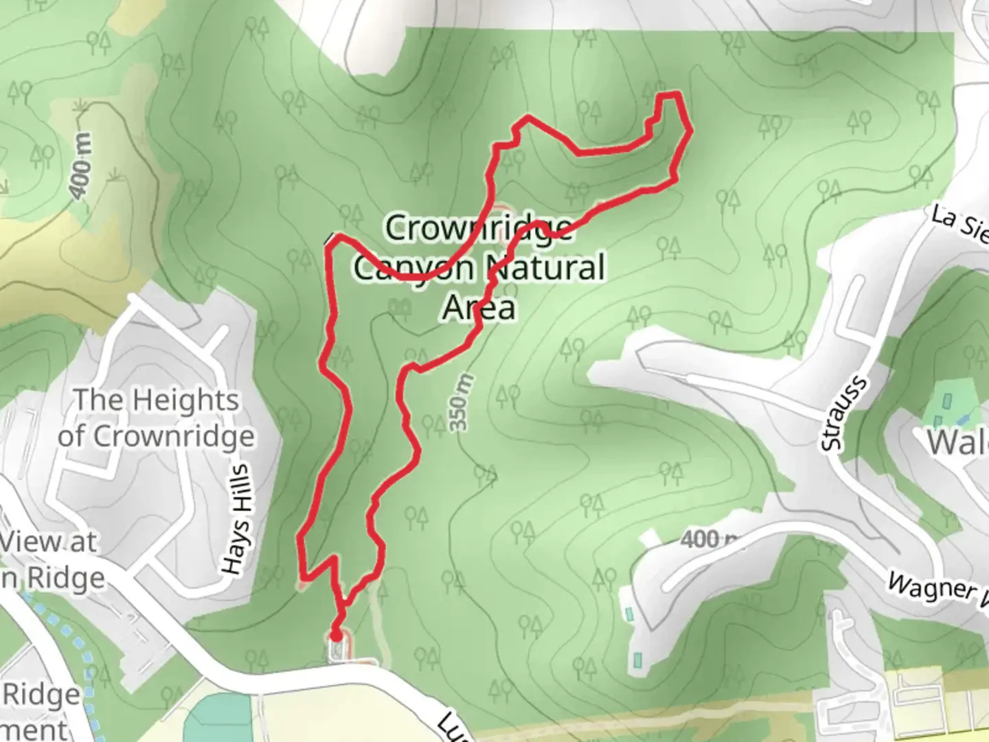 An image depicting the trail Crownridge Canyon Natural Area Loop and its surrounding area.