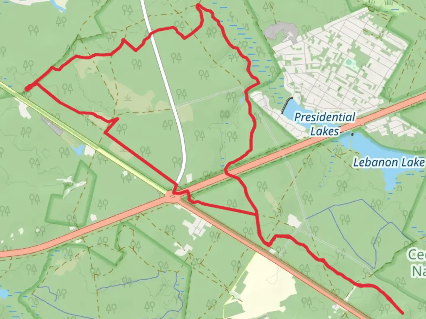 An image depicting the trail Batona Trail and Four Mile Circle Loop and its surrounding area.