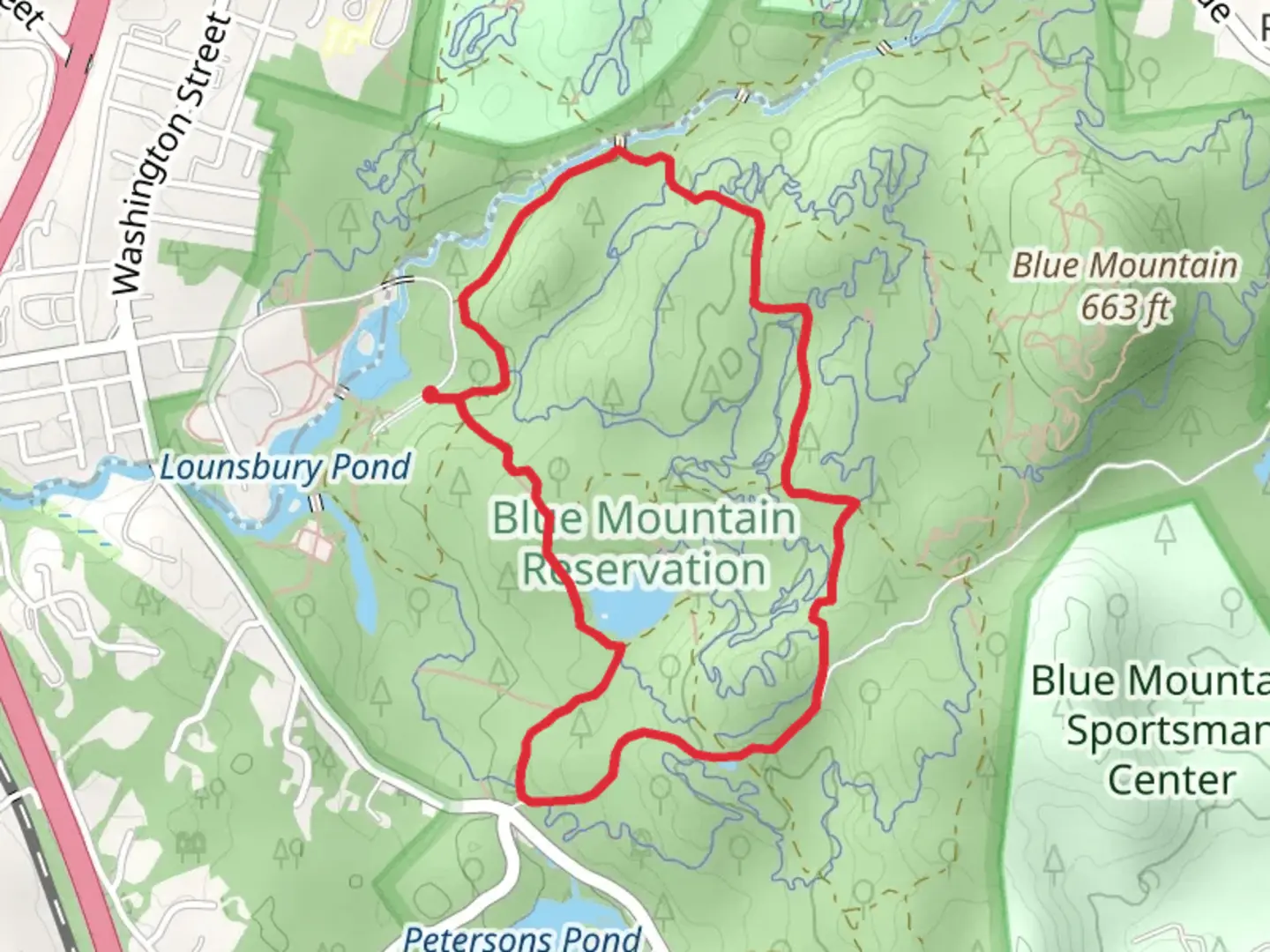 An image depicting the trail Lounsbury Pond Loop and its surrounding area.