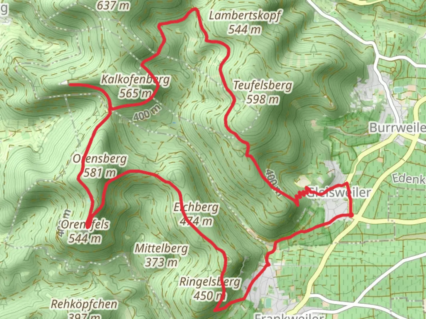 An image depicting the trail Gleisweiler, Orenfels and Neuscharfeneck Loop and its surrounding area.