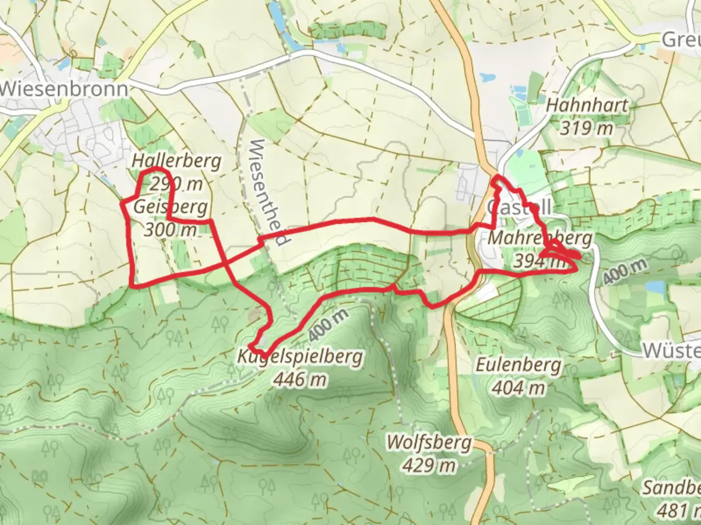 An image depicting the trail Mahrenberg, Burgsstall Oberschloss and Hallerberg Loop via Casteller Weg and its surrounding area.