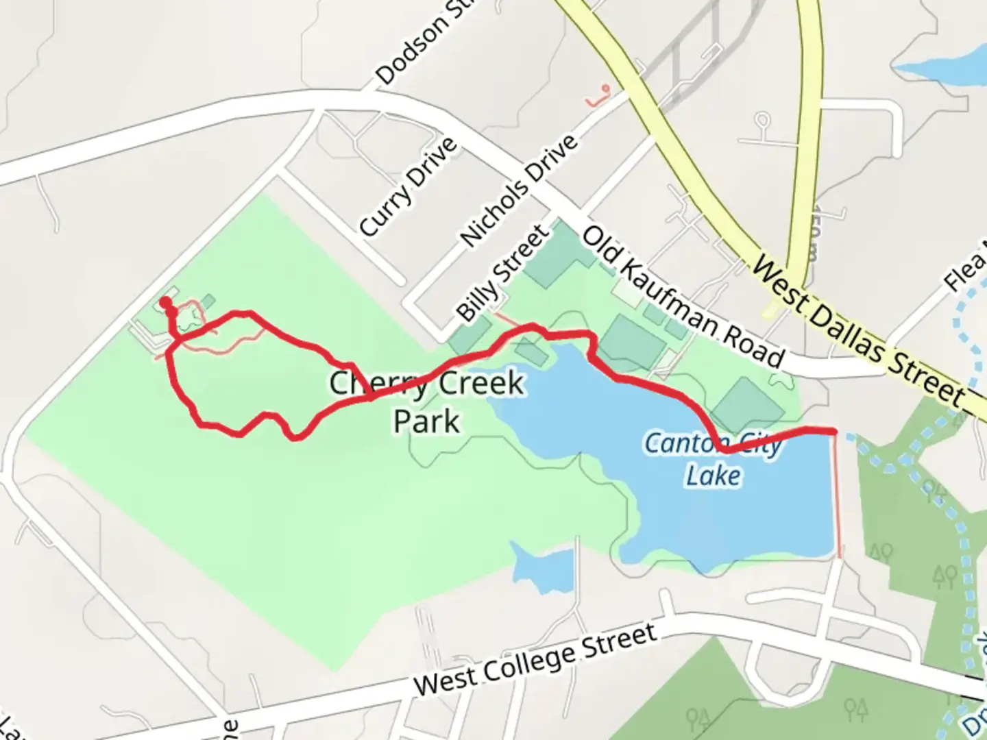 An image depicting the trail Cherry Creek Park and Canton City Lake Loop and its surrounding area.