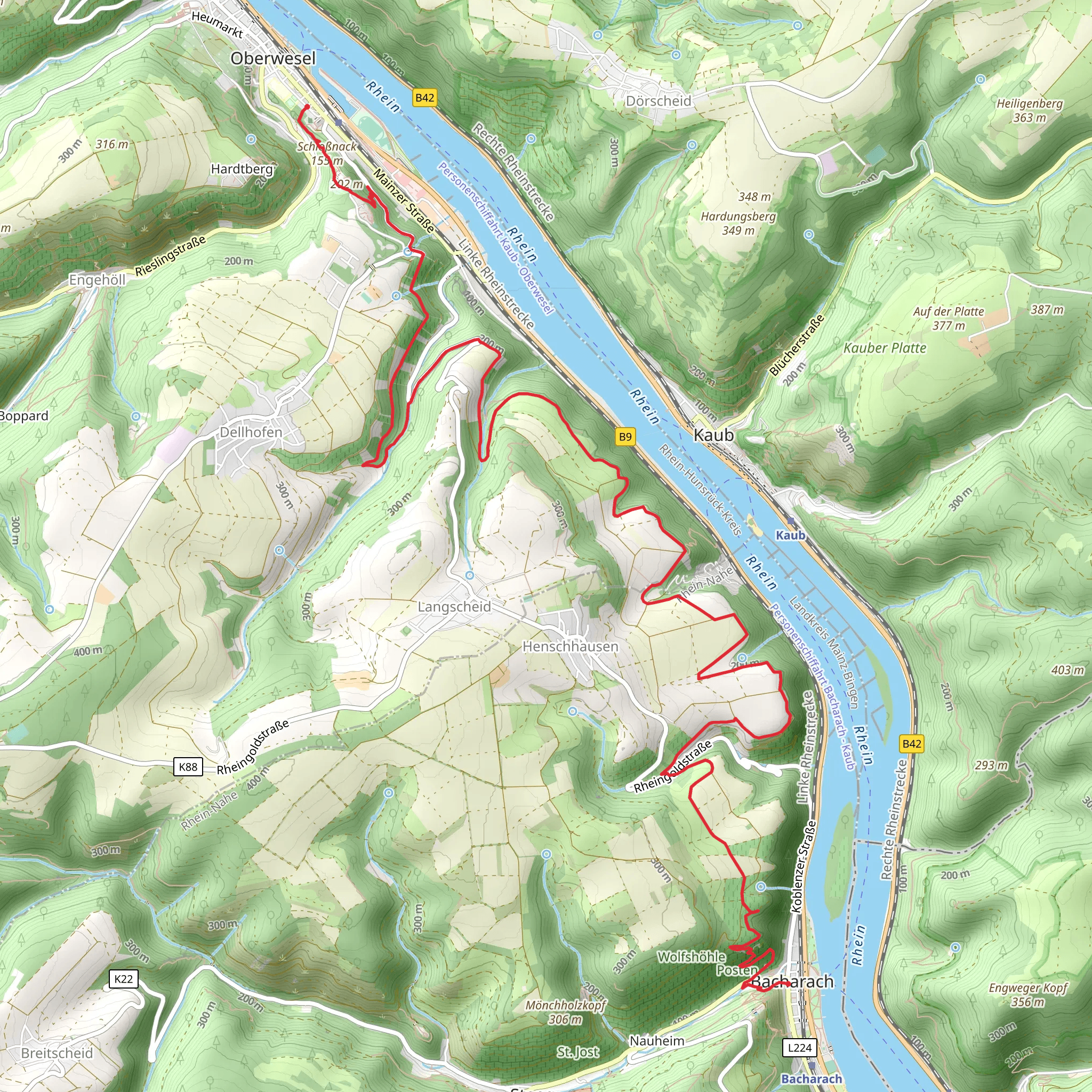 Oberwesel to Bacharach Walk via Linksrheinischer Jakobsweg mobile static map