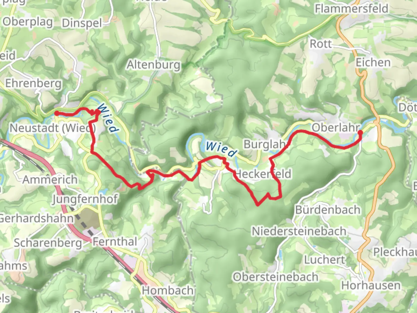 An image depicting the trail Oberlahr to Neustadt via Wiedweg and its surrounding area.