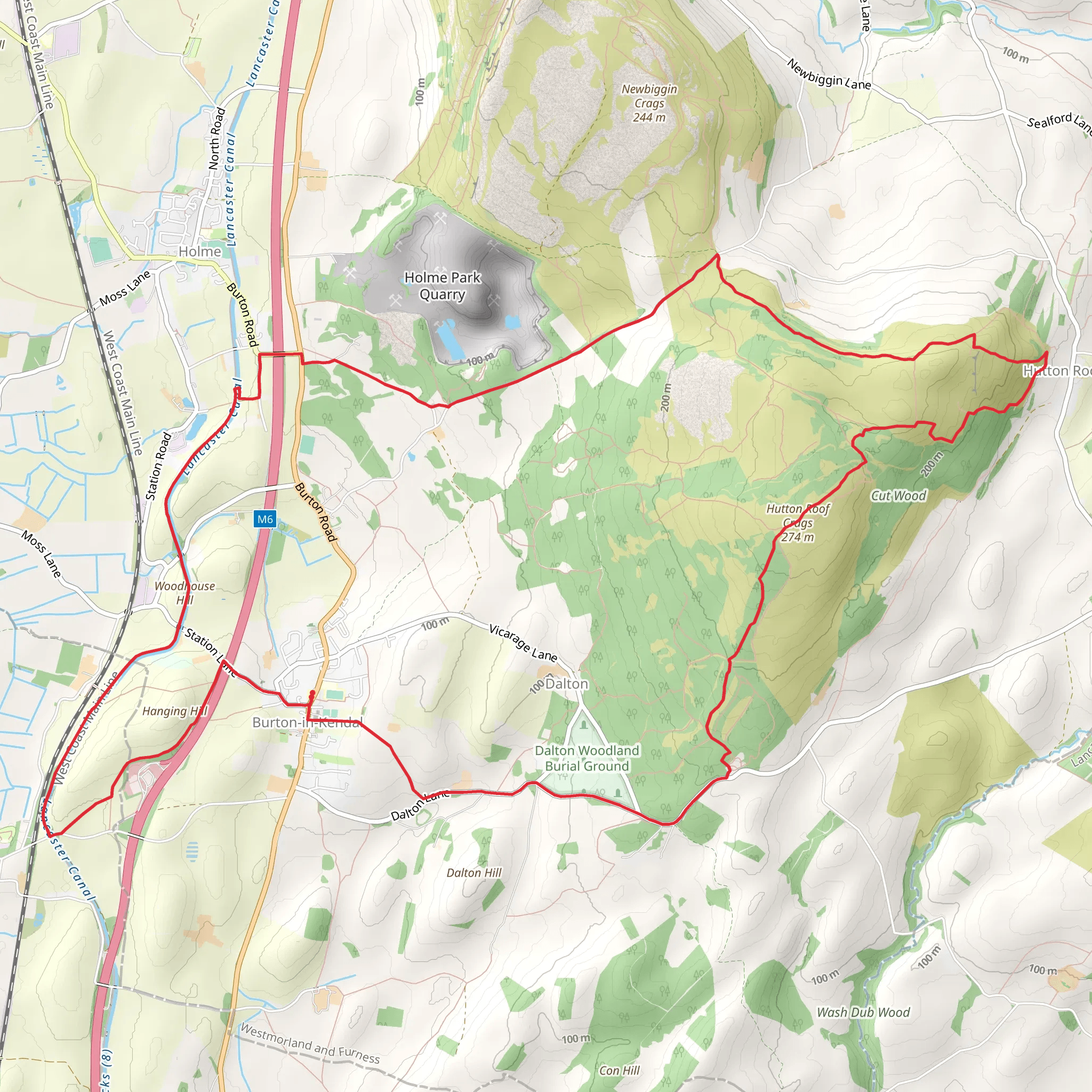 Burton in Kendal to Hutton Roof Loop via Lancaster Canal mobile static map