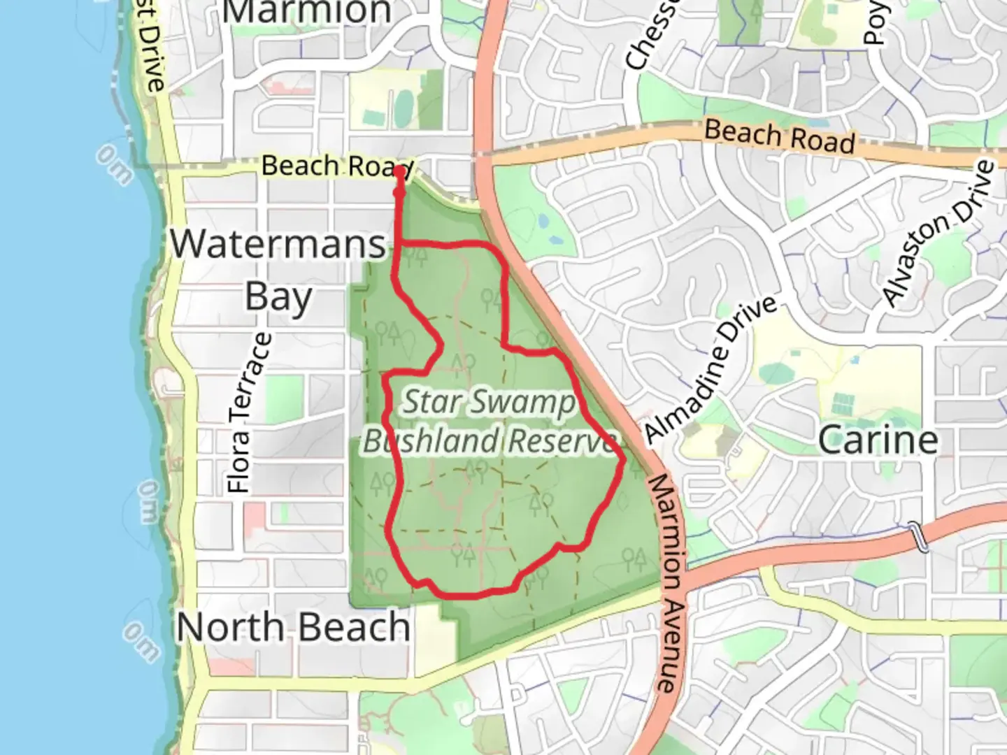 An image depicting the trail Star Swamp Bushland Reserve and its surrounding area.