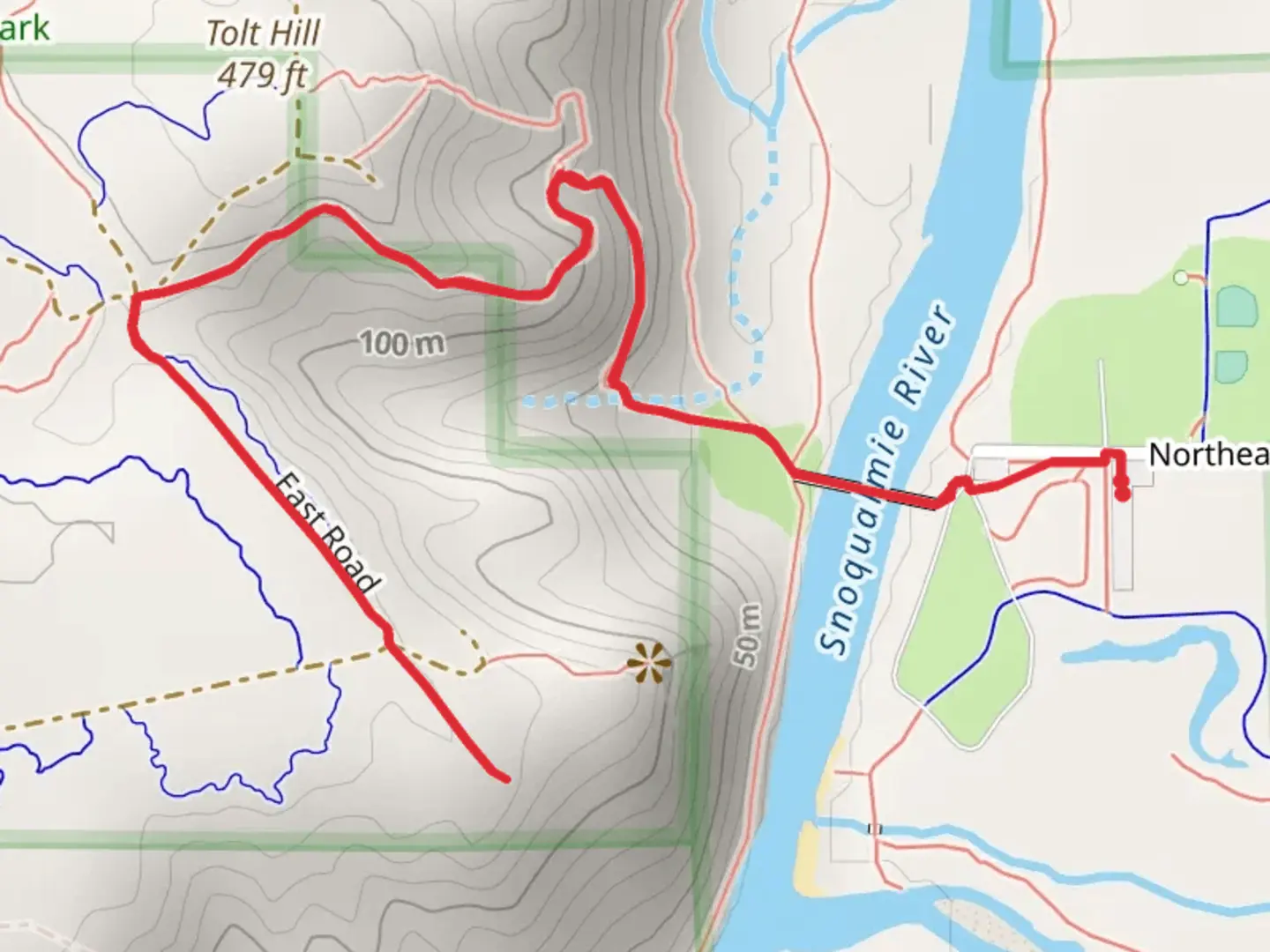 An image depicting the trail Tolt Bridge, Itsabitch and East Road and its surrounding area.