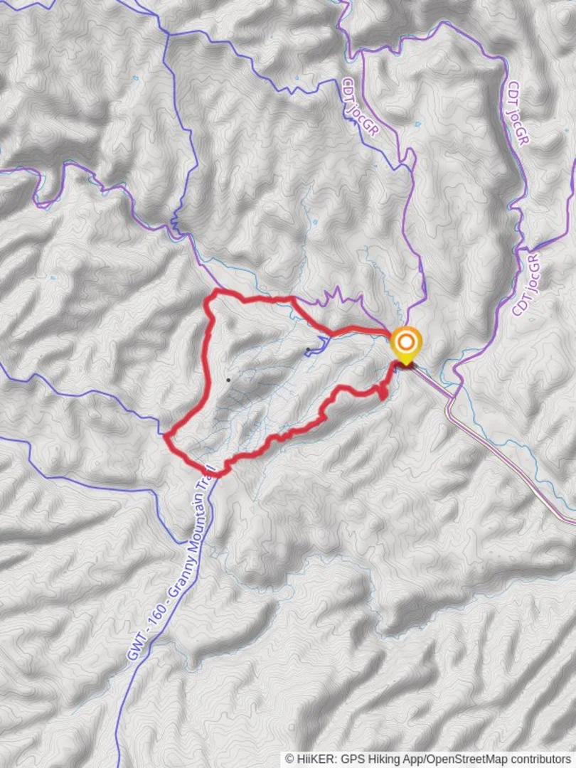 An image depicting the trail Granny Mountain Trail and GWT Loop and its surrounding area.
