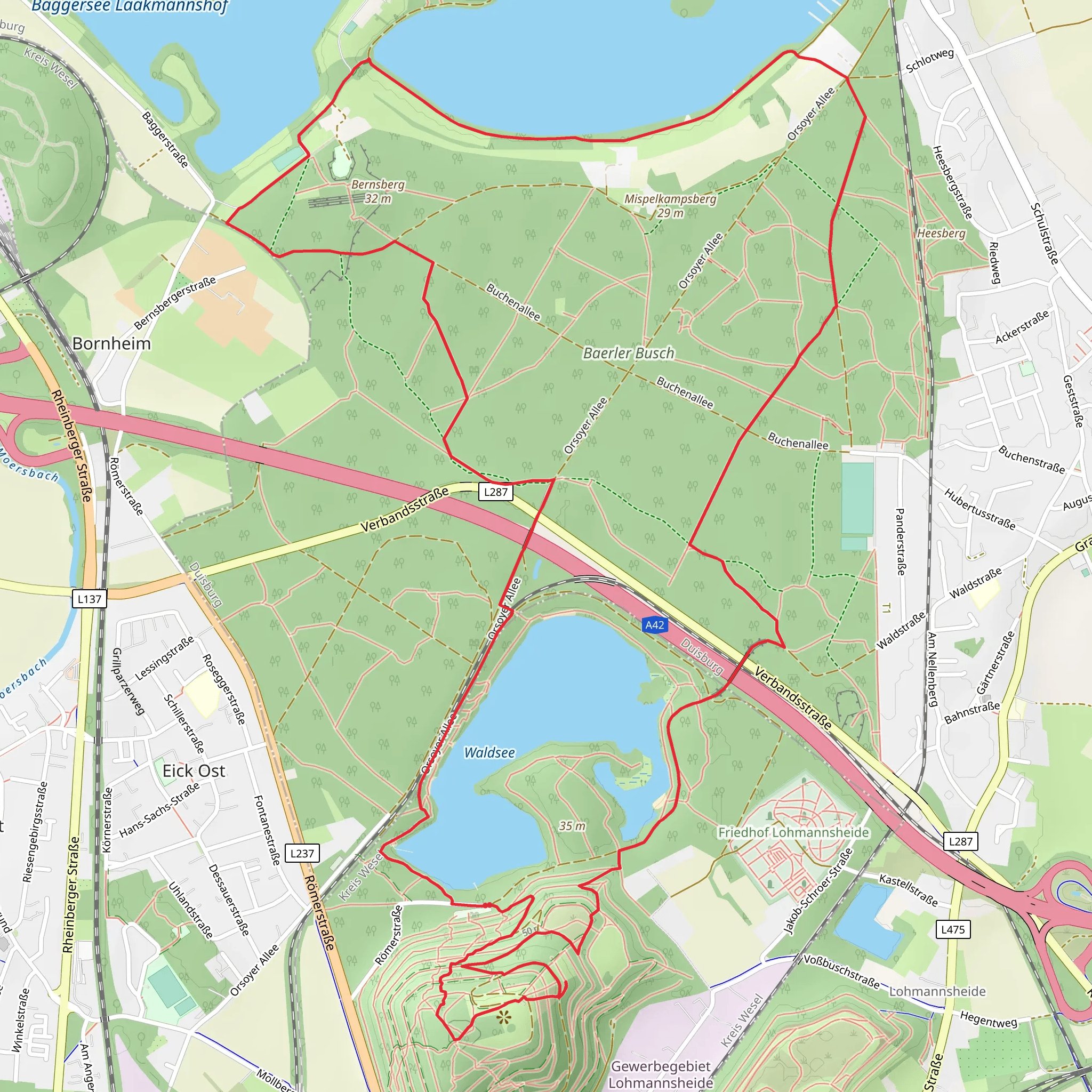 Halde Rheinpreußen, Waldsee, Bareler Busch and Lohheidersee Loop mobile static map