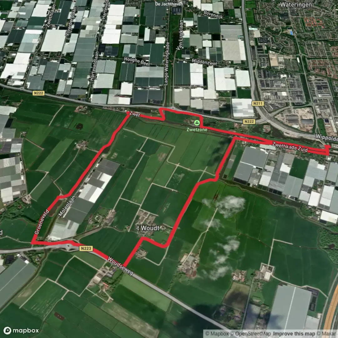 An image depicting the trail Zweth via Woudse Weg and Groeneveldsepad and its surrounding area.