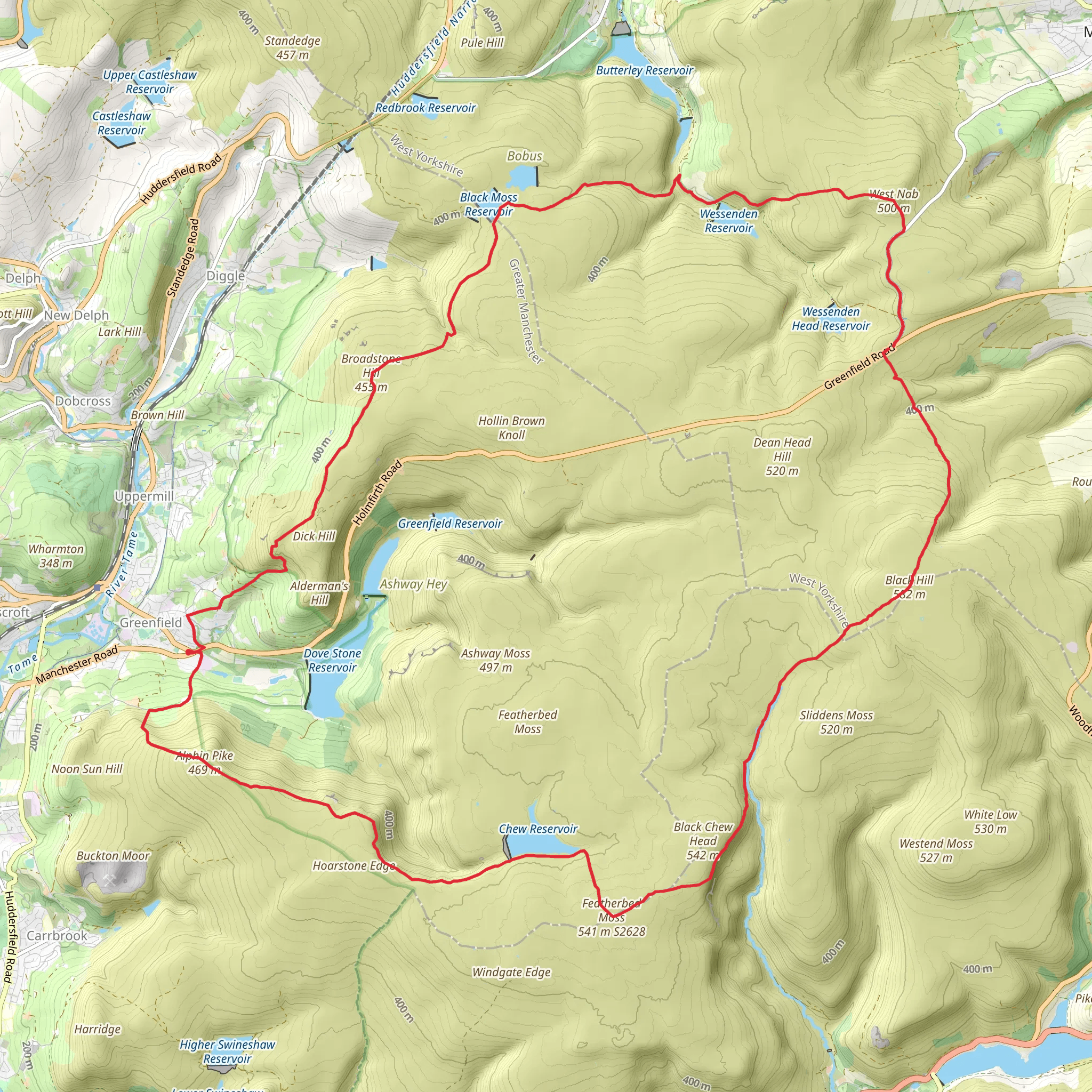 Five Trig Points on Saddleworth from Greenfield mobile static map