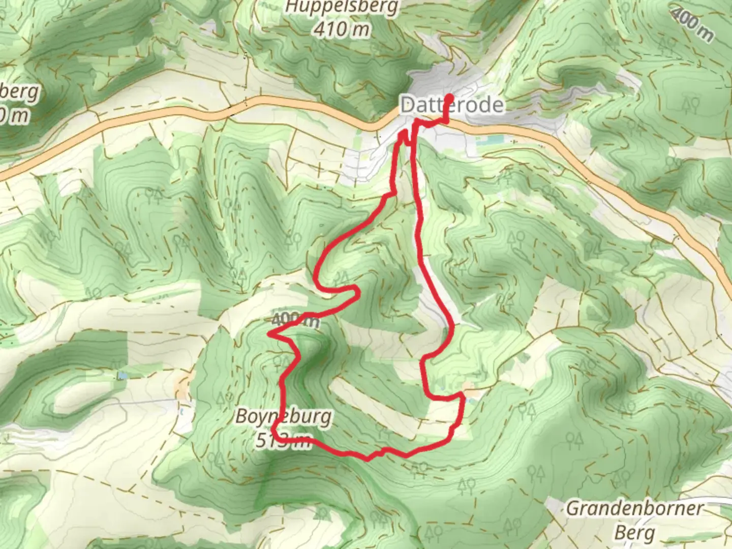 An image depicting the trail Datteroeder Burgweg and its surrounding area.