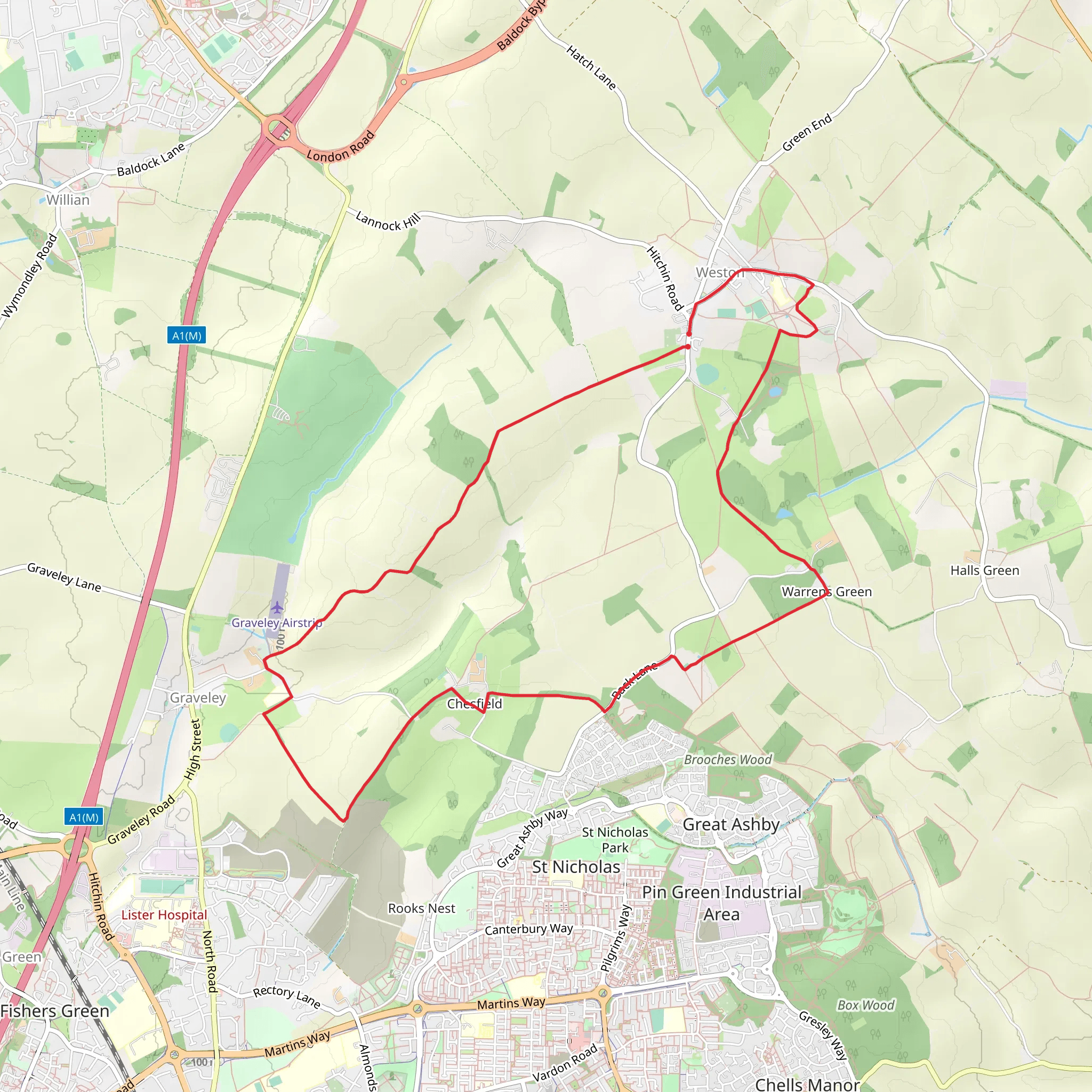 Graveley and Warren's Green from Weston mobile static map