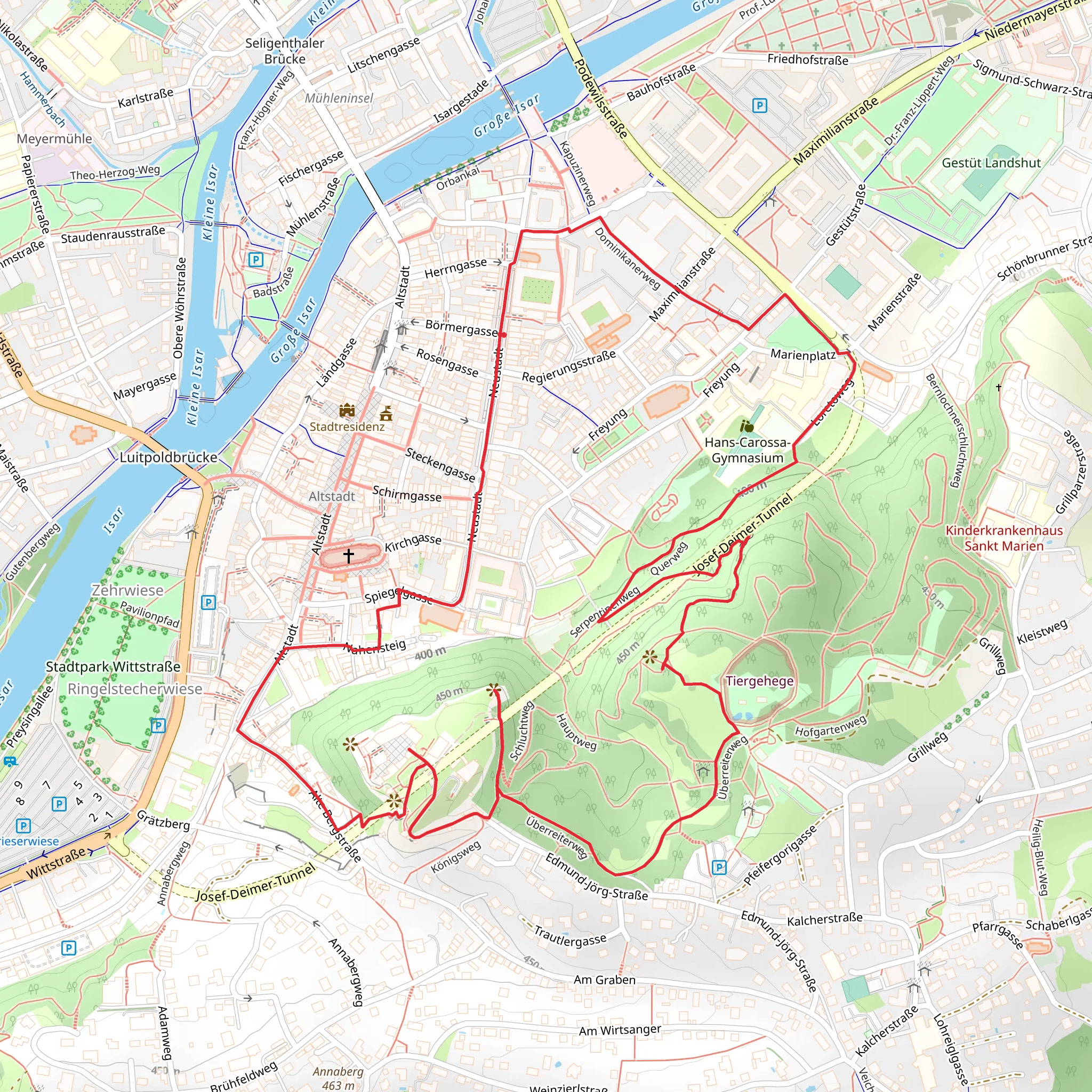 Scharizl and Trausnitz Castle via Dominikanerweg and Querweg mobile static map