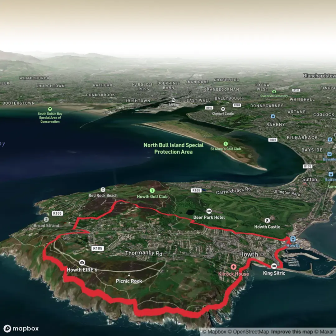 An image depicting the trail Howth Black Linn Loop - Red and its surrounding area.