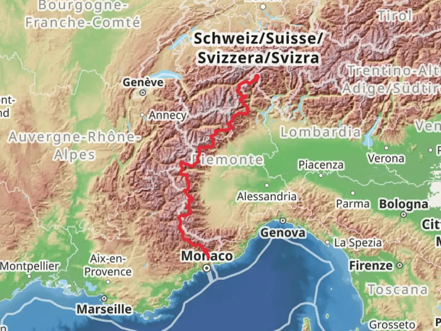 An image depicting the trail Via Alpina - Blue Trail and its surrounding area.