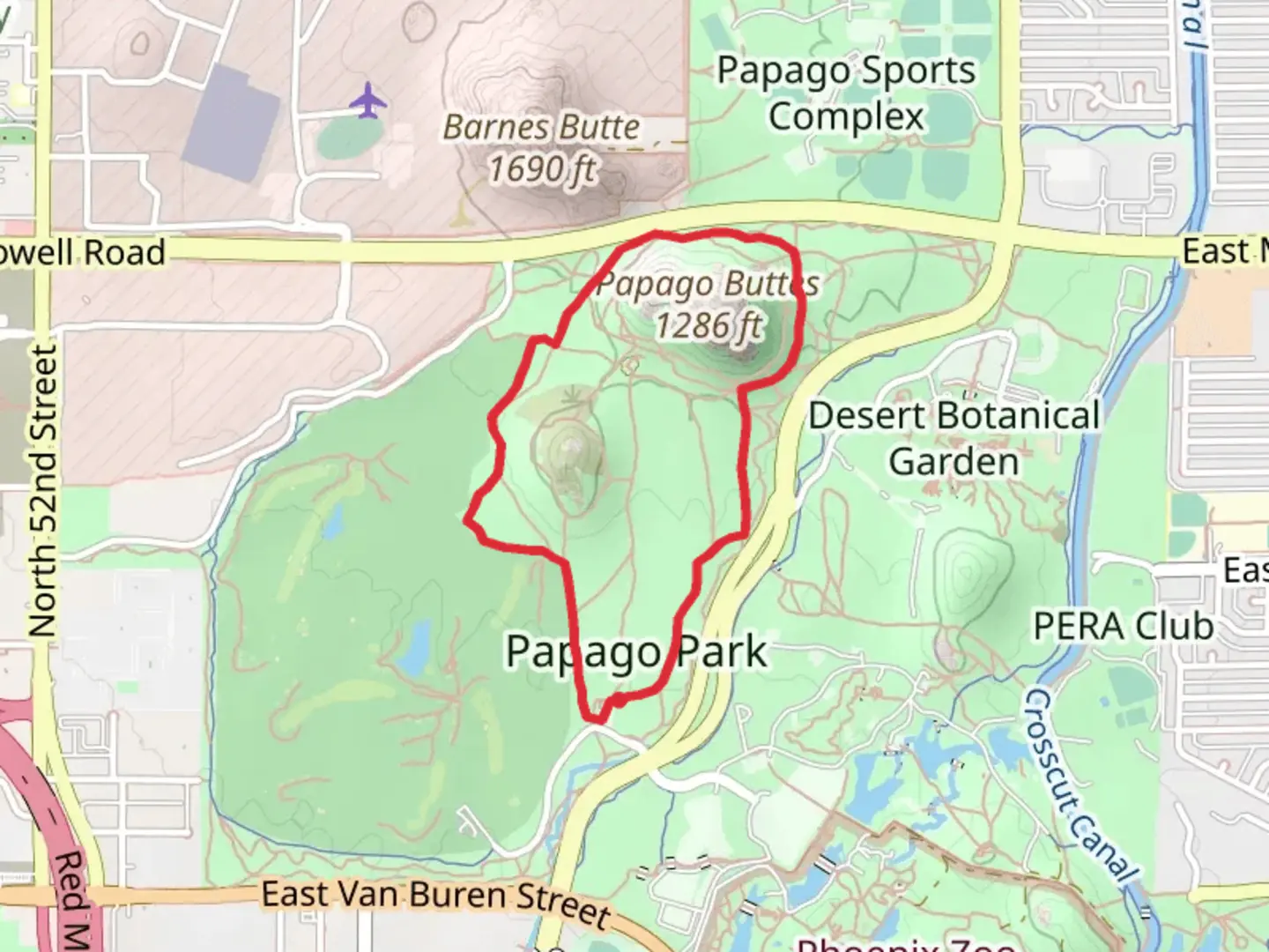 An image depicting the trail Papago Buttes Loop and its surrounding area.