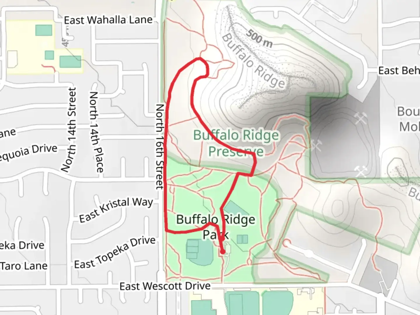 An image depicting the trail Buffalo Ridge Park Loop and its surrounding area.