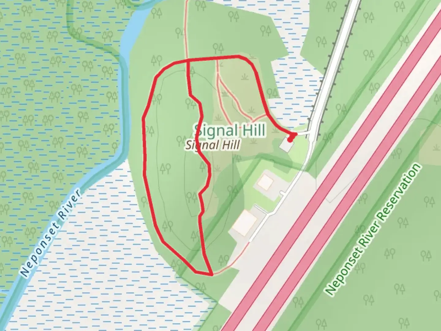 An image depicting the trail Signal Hill and Neponset River Loop and its surrounding area.