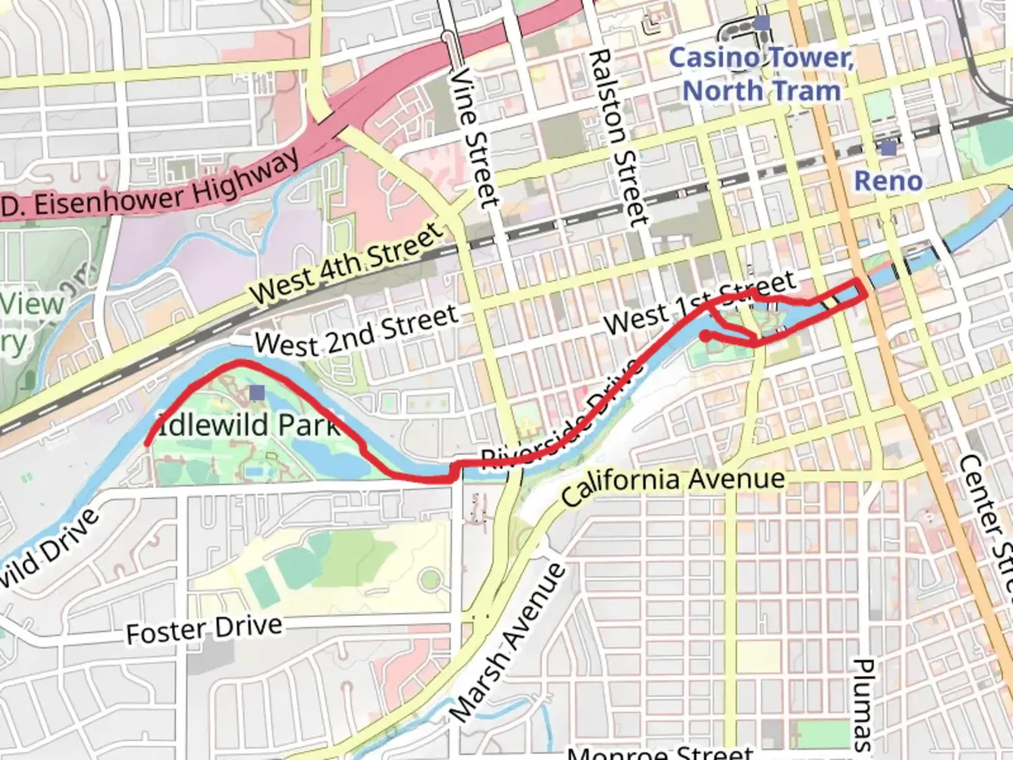 An image depicting the trail Truckee River Lane The Crooked Mile and its surrounding area.