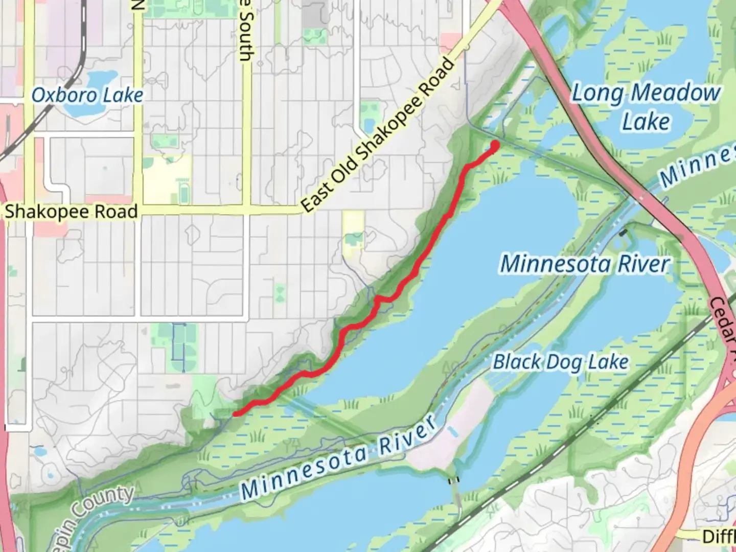 An image depicting the trail Old Cedar Avenue South - Bluff Trail and its surrounding area.