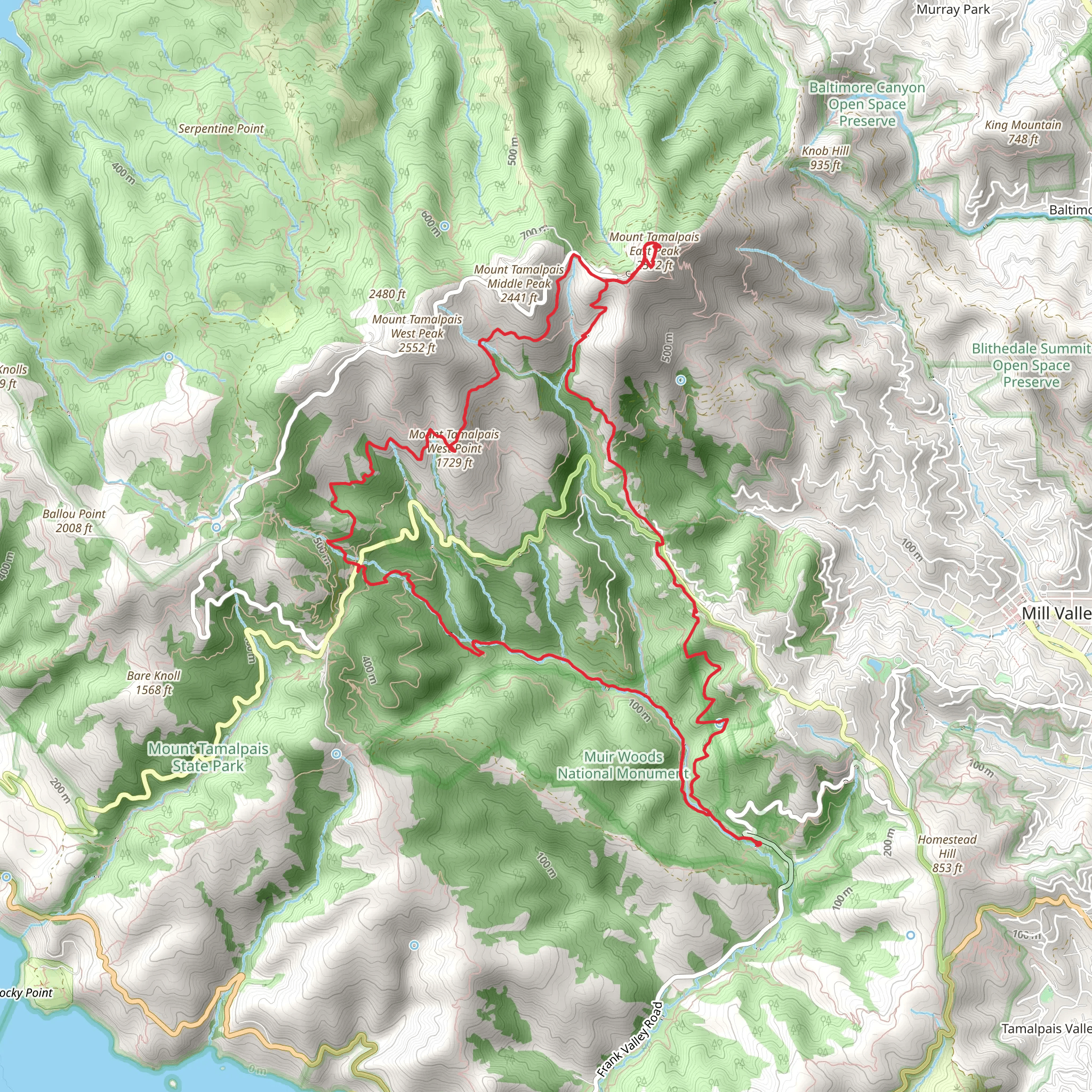 Muir Woods to Mount Tamalpais Trail mobile static map