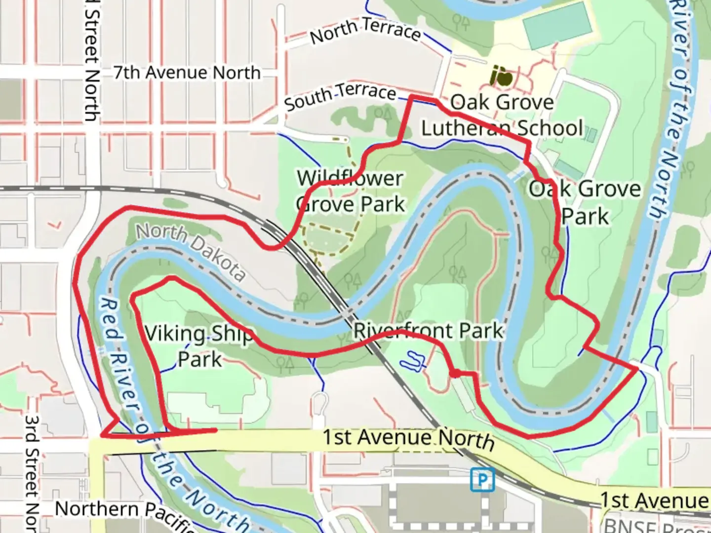 An image depicting the trail Wildflower Grove Park, Riverside Park and Viking Ship Park Loop and its surrounding area.