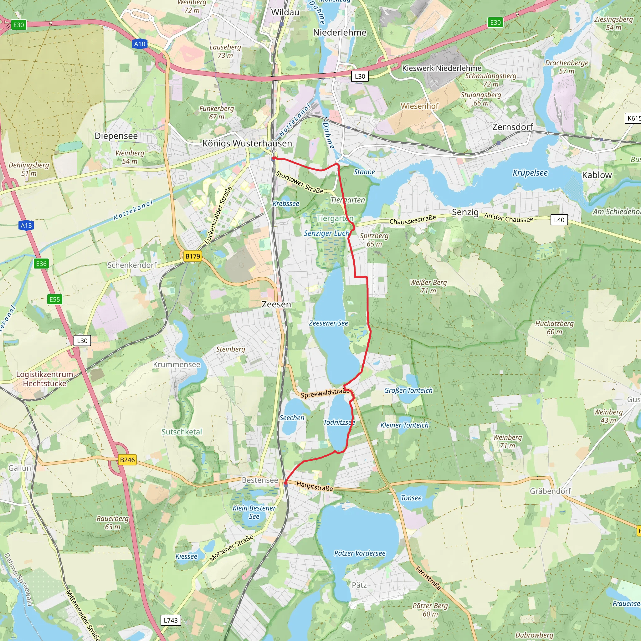 Zeesener See and Todnitzsee via Wanderweg mobile static map