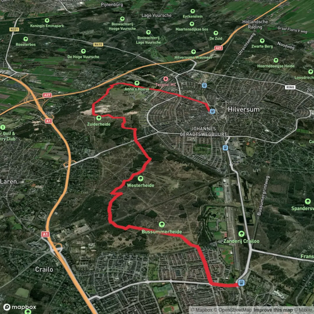 An image depicting the trail Bussum to Hilversum via Lieberger Weg and its surrounding area.