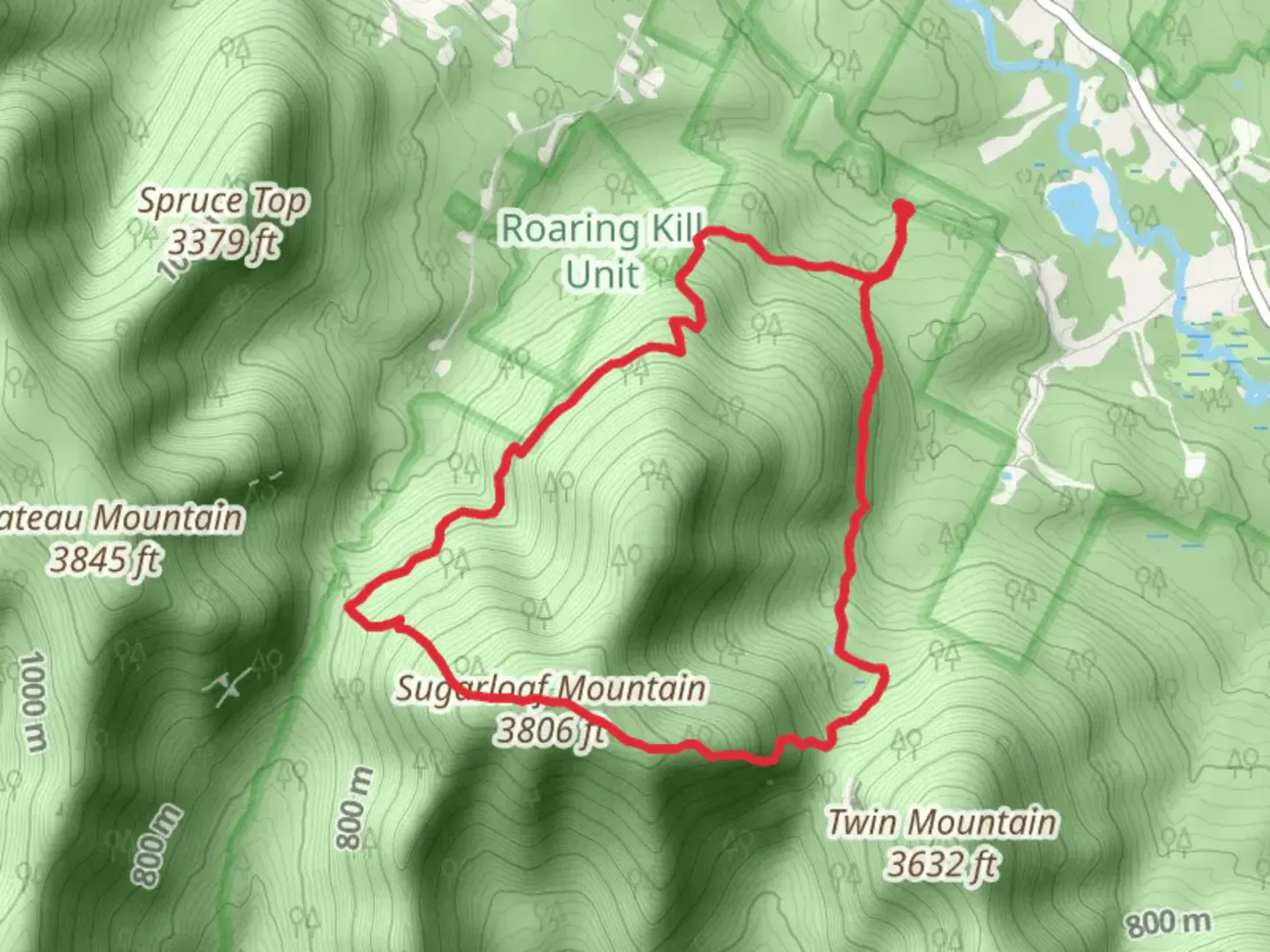 An image depicting the trail Sugarloaf Mountain Pecoy Notch Trail and Mink Hollow Trail and its surrounding area.